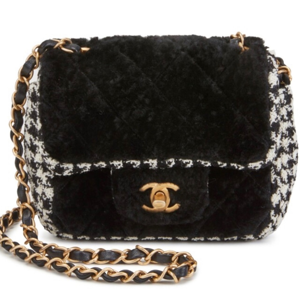 NWT Chanel Quilted Tweed Shearling Mini Classic Flap Square Bag Black and White